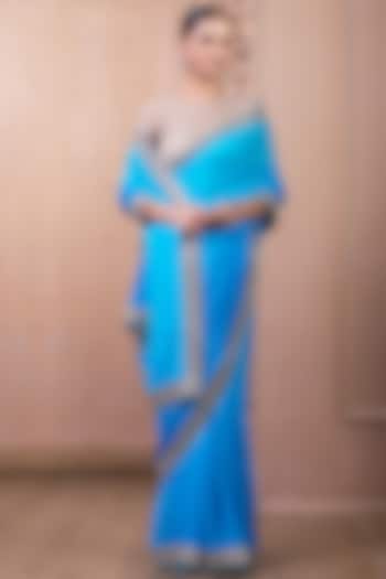 Blue Chiffon Hand Embroidered Reception Saree Set by Tarun Tahiliani at Pernia's Pop Up Shop