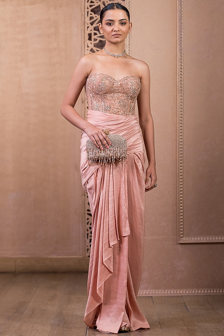 Rose Gold Crinkle Tulle Draped Skirt Set by Tarun Tahiliani at Pernia's Pop Up Shop