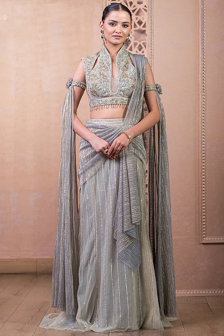 Palladium Blue Crinkle Tulle Draped Concept Saree Set by Tarun Tahiliani at Pernia's Pop Up Shop