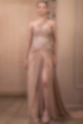 Rose Gold Crinkle Tulle Draped Party Wear Dress by Tarun Tahiliani at Pernia's Pop Up Shop