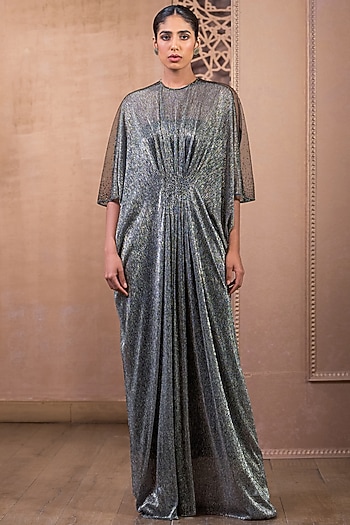 Silver Metallic Crinkle Tulle Maxi Dress by Tarun Tahiliani