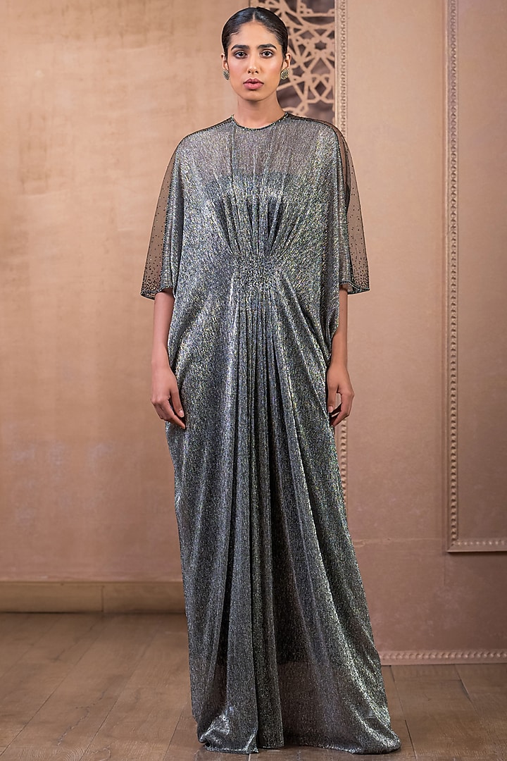 Silver Metallic Crinkle Tulle Maxi Cocktail Dress by Tarun Tahiliani at Pernia's Pop Up Shop