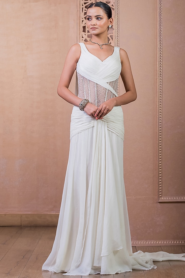 Ivory Silk Chiffon Draped Gown by Tarun Tahiliani