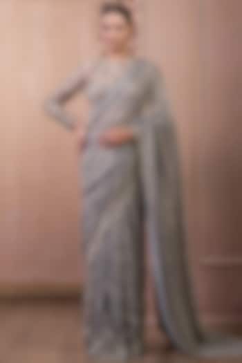 Palladium Blue Crinkle Net Hand Embroidered Bridal Saree Set by Tarun Tahiliani at Pernia's Pop Up Shop