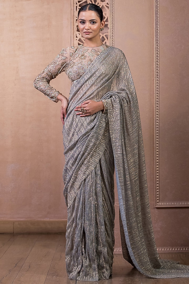 Palladium Blue Crinkle Net Hand Embroidered Bridal Saree Set by Tarun Tahiliani at Pernia's Pop Up Shop