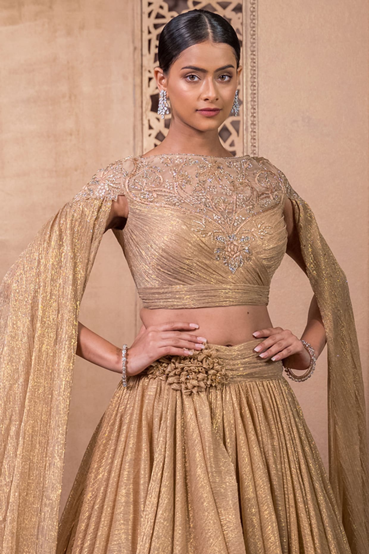 Malika lehenga- gold foil work lehenga, emelished blouse, sacallop net  dupatta – Studio Iris India