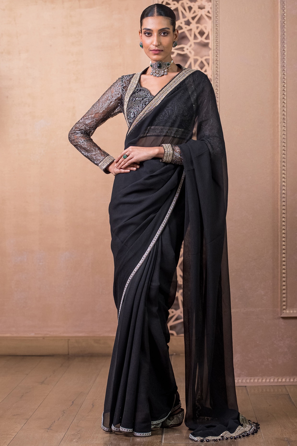 Black Pure Chiffon Saree with Zardozi & Beads Work Blouse – Talking Threads