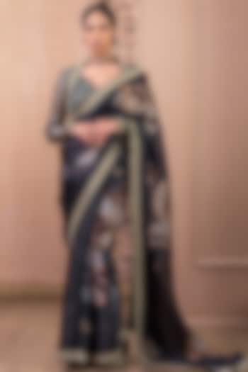 Black Satin Organza Printed Reception Saree Set by Tarun Tahiliani at Pernia's Pop Up Shop