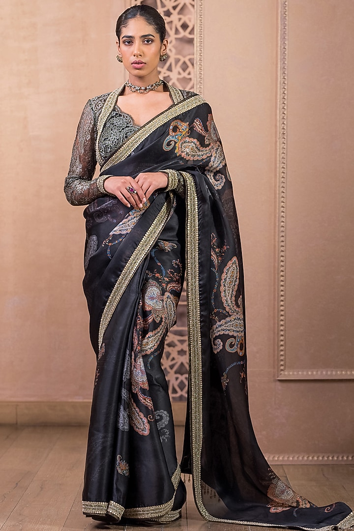 Black Satin Organza Printed Reception Saree Set by Tarun Tahiliani at Pernia's Pop Up Shop