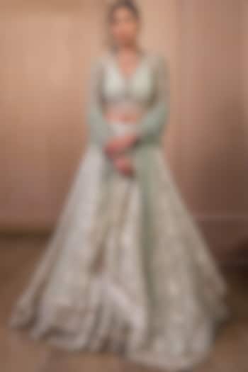 Sage Tulle Hand Embroidered Bridal Lehenga Set by Tarun Tahiliani at Pernia's Pop Up Shop