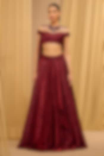 Wine Crinkle Asymmetrical Draped Bridal Lehenga Set by Tarun Tahiliani at Pernia's Pop Up Shop