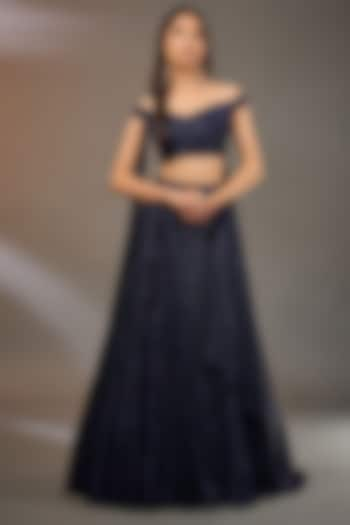 Midnight Blue Crinkle Draped Bridal Lehenga Set by Tarun Tahiliani at Pernia's Pop Up Shop