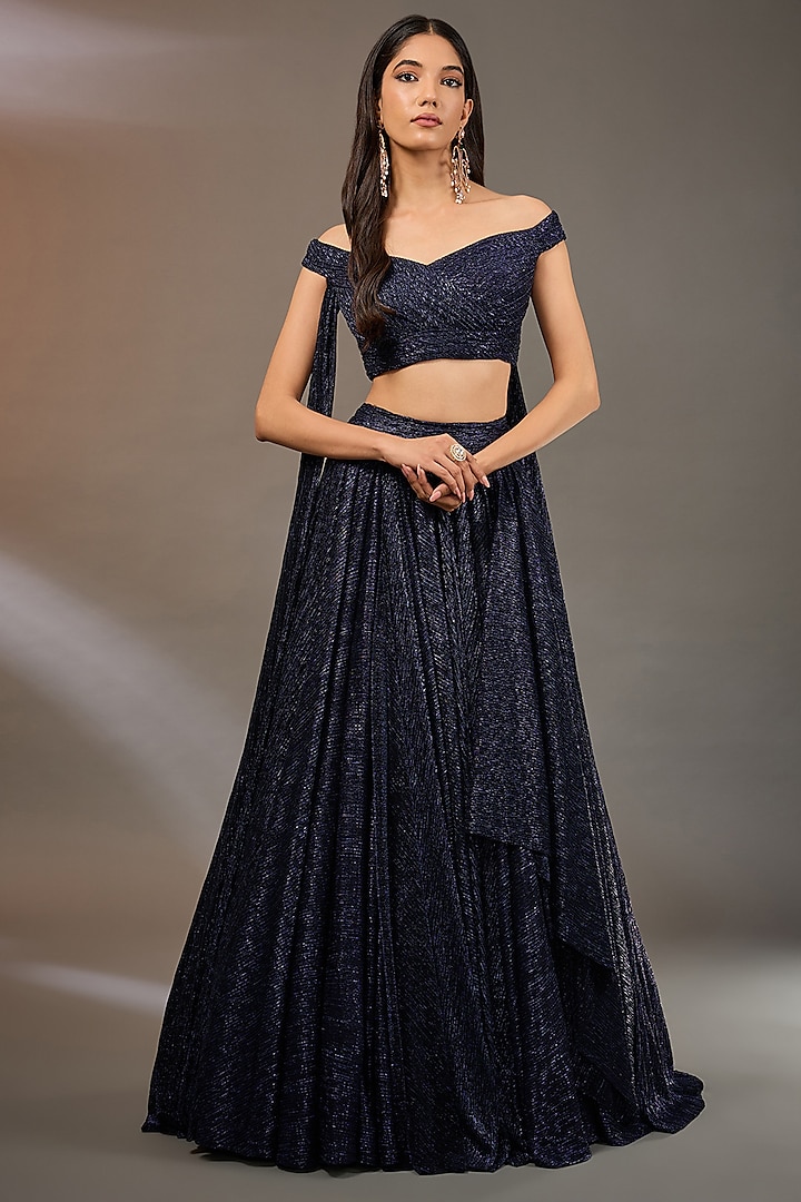 Midnight Blue Crinkle Draped Bridal Lehenga Set by Tarun Tahiliani at Pernia's Pop Up Shop