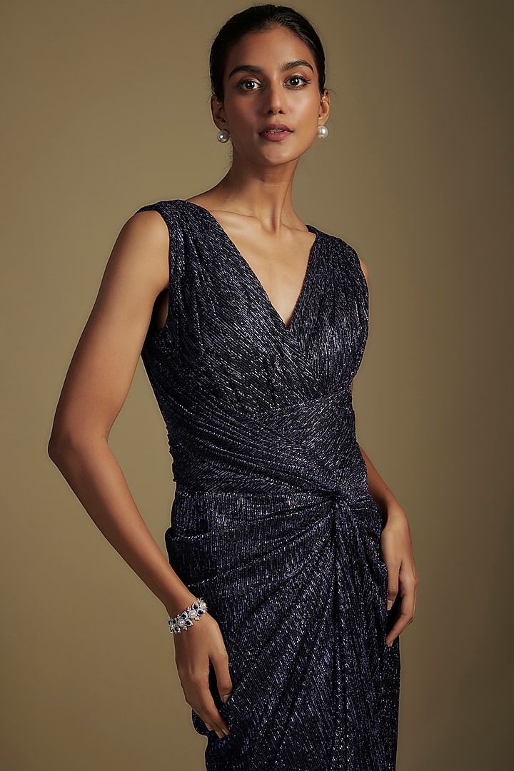 Midnight Blue Crinkle Draped Maxi Cocktail Dress by Tarun Tahiliani at Pernia's Pop Up Shop