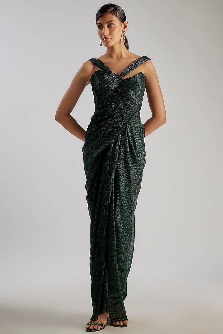 Emerald Crinkle Draped Dress by Tarun Tahiliani at Pernia's Pop Up Shop