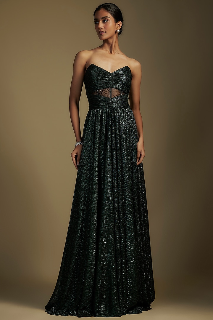 Emerald Crinkle Tulle Flared Gown by Tarun Tahiliani at Pernia's Pop Up Shop