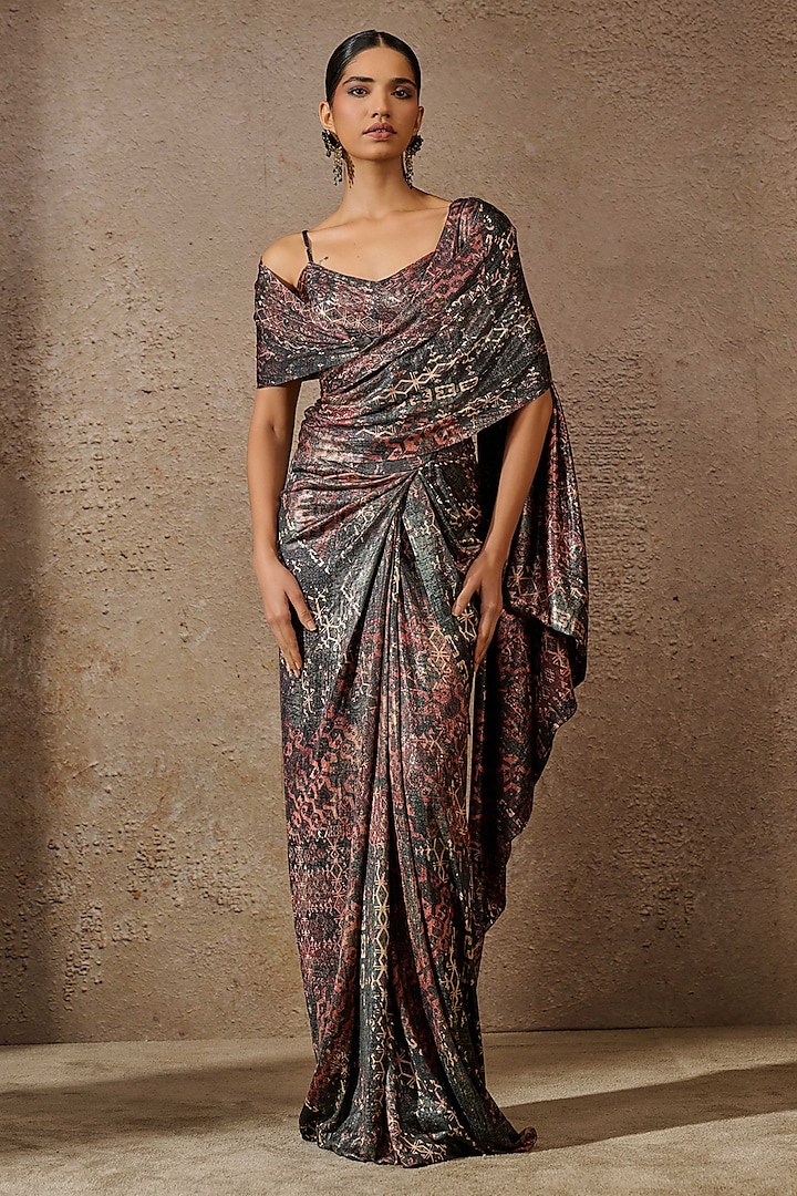 Blue & Multi-Colored Foil Jersey Printed Concept Saree Set by Tarun Tahiliani at Pernia's Pop Up Shop