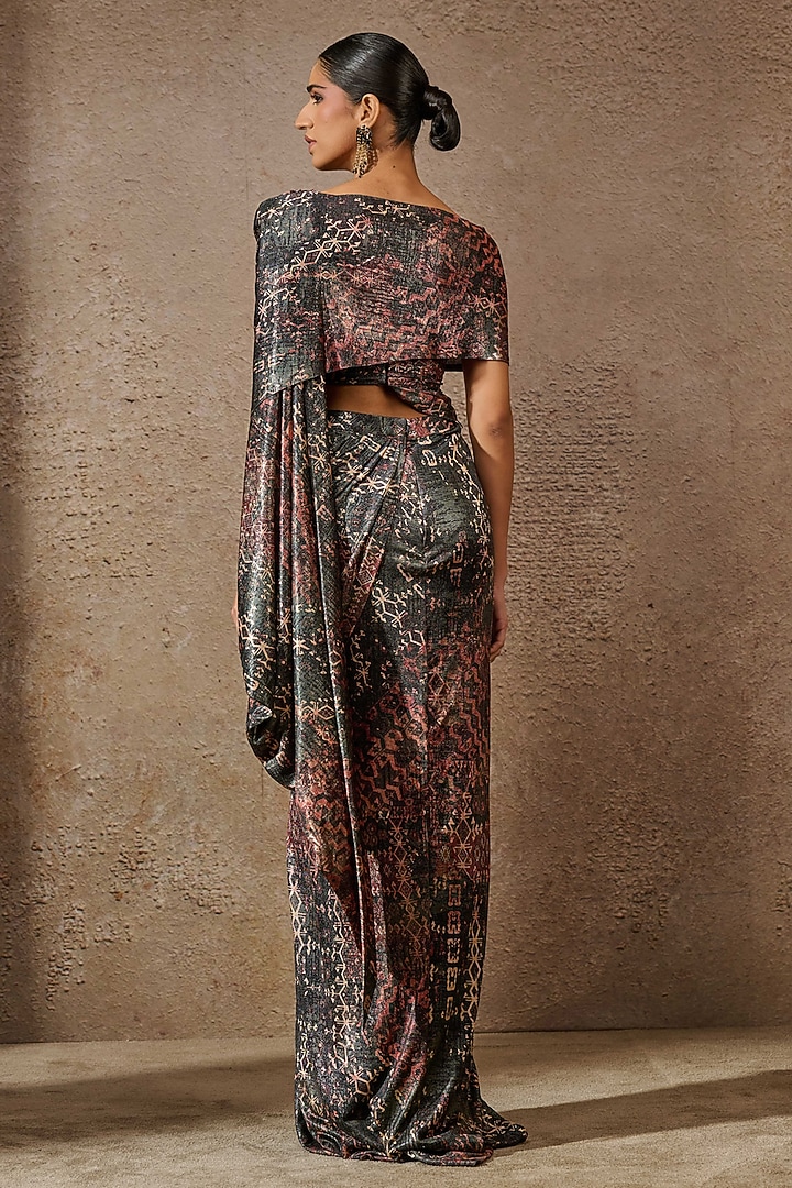 Blue & Multi-Colored Foil Jersey Printed Concept Reception Saree Set by Tarun Tahiliani at Pernia's Pop Up Shop