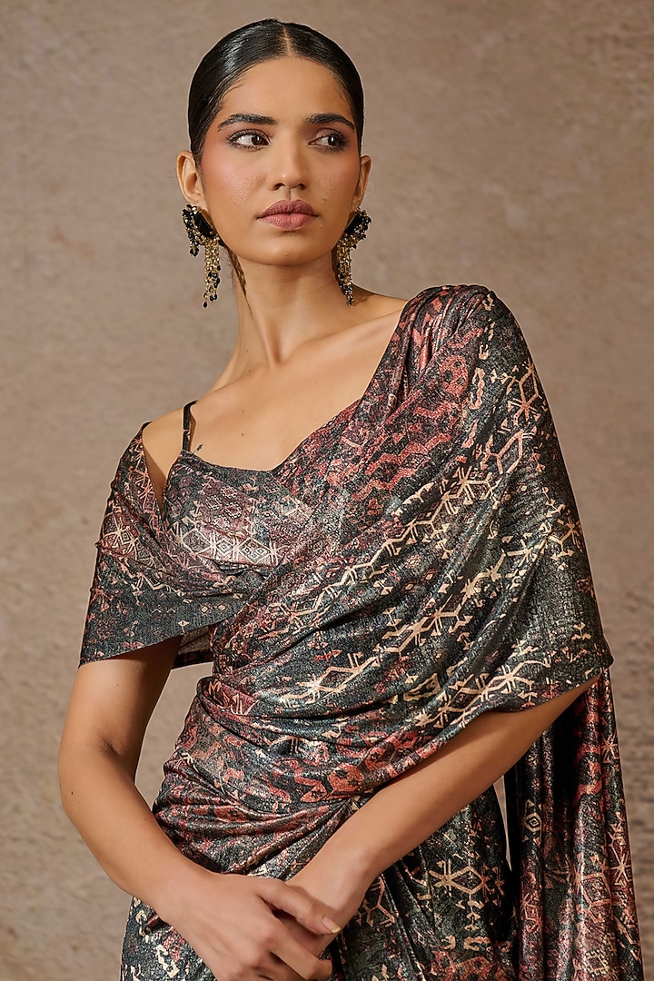 Blue & Multi-Colored Foil Jersey Printed Concept Reception Saree Set by Tarun Tahiliani at Pernia's Pop Up Shop