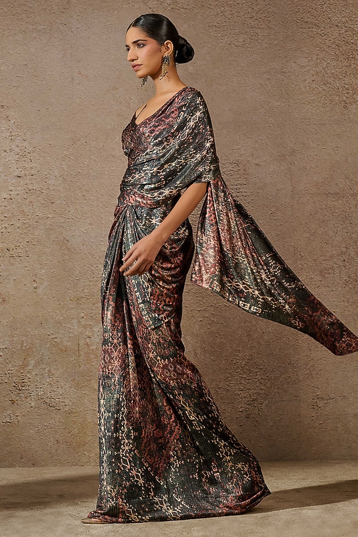 Blue & Multi-Colored Foil Jersey Printed Concept Reception Saree Set by Tarun Tahiliani at Pernia's Pop Up Shop