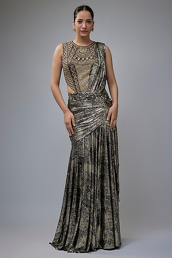 Black & Gold Foil Jersey Concept Saree Set by Tarun Tahiliani
