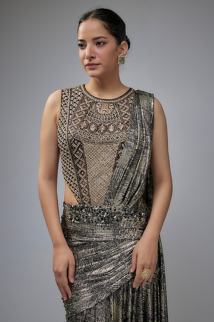 Black & Gold Foil Jersey Concept Reception Saree Set by Tarun Tahiliani at Pernia's Pop Up Shop