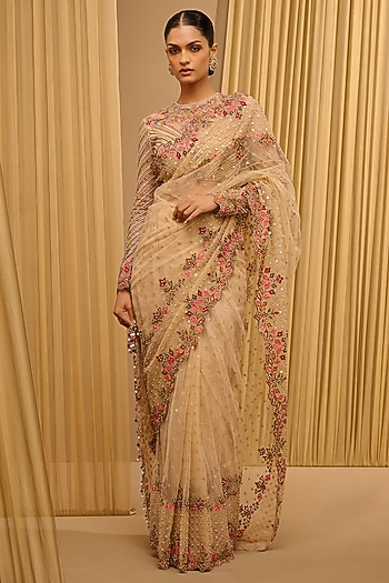 Gold Tulle Bead Embroidered Saree Set by Tarun Tahiliani