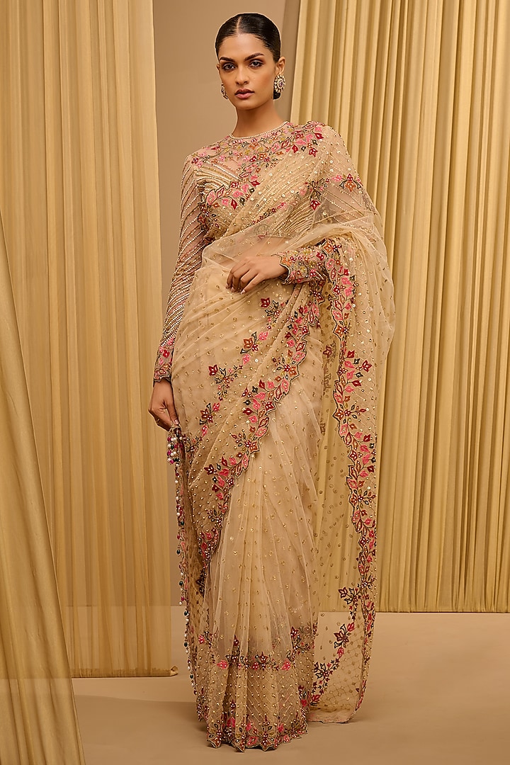 Gold Tulle Bead Embroidered Saree Set by Tarun Tahiliani at Pernia's Pop Up Shop