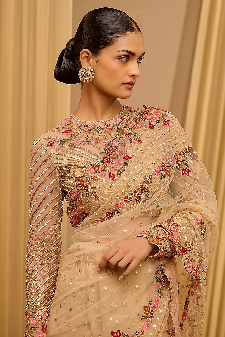 Gold Tulle Bead Embroidered Bridal Saree Set by Tarun Tahiliani at Pernia's Pop Up Shop