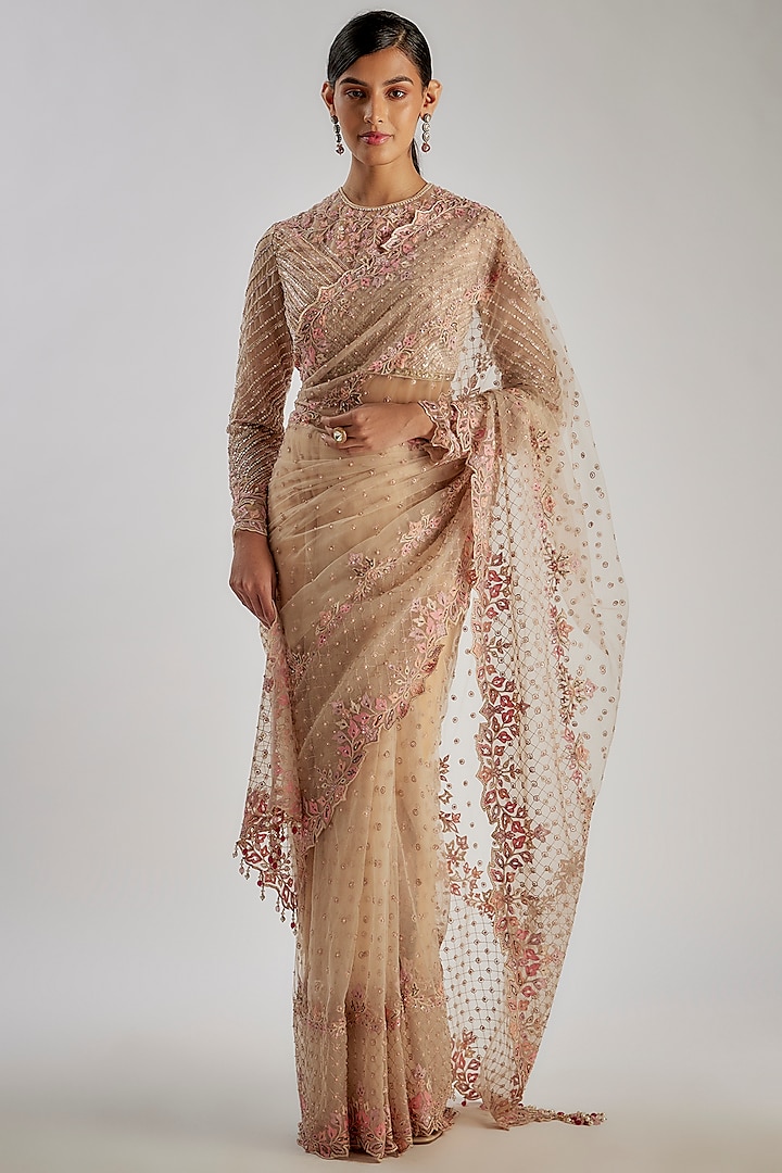 Blush & Multi-Colored Tulle Embroidered Saree Set by Tarun Tahiliani at Pernia's Pop Up Shop