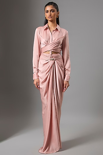Pink Satin & Organza Draped Skirt Set by Tarun Tahiliani