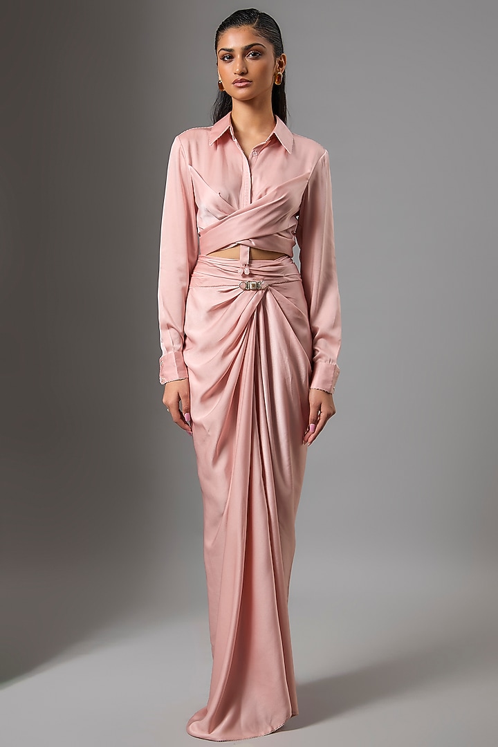 Pink Satin & Organza Draped Skirt Set by Tarun Tahiliani at Pernia's Pop Up Shop