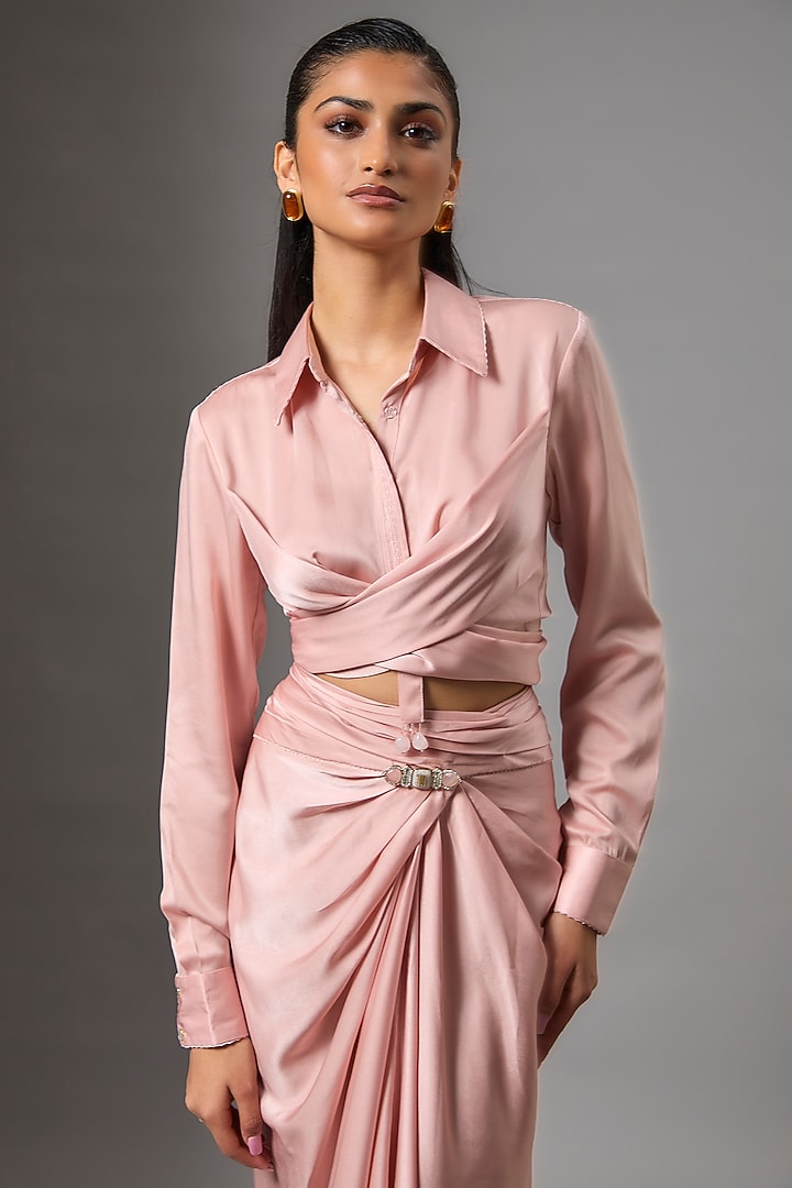 Pink Satin & Organza Draped Skirt Set by Tarun Tahiliani at Pernia's Pop Up Shop