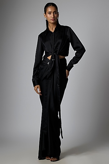Black Satin Draped Skirt Set by Tarun Tahiliani