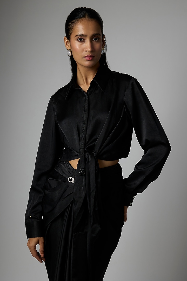 Black Satin Draped Skirt Set by Tarun Tahiliani at Pernia's Pop Up Shop