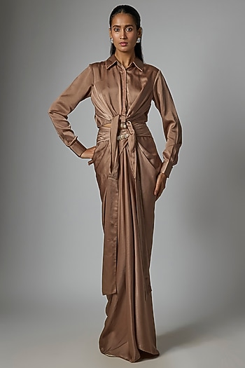 Mocha Satin Draped Skirt Set by Tarun Tahiliani