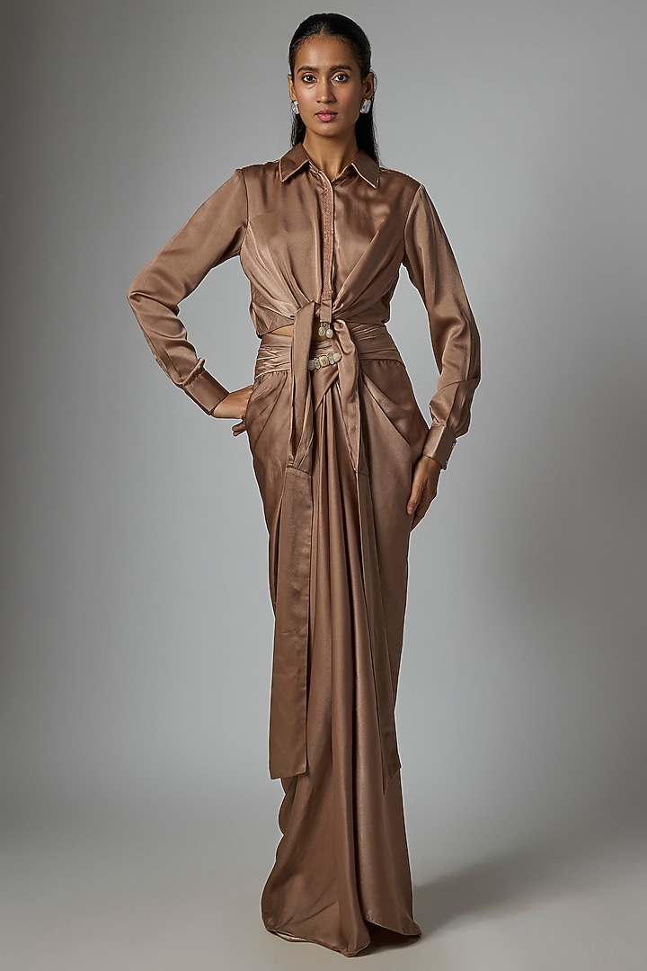 Mocha Satin Draped Skirt Set by Tarun Tahiliani at Pernia's Pop Up Shop