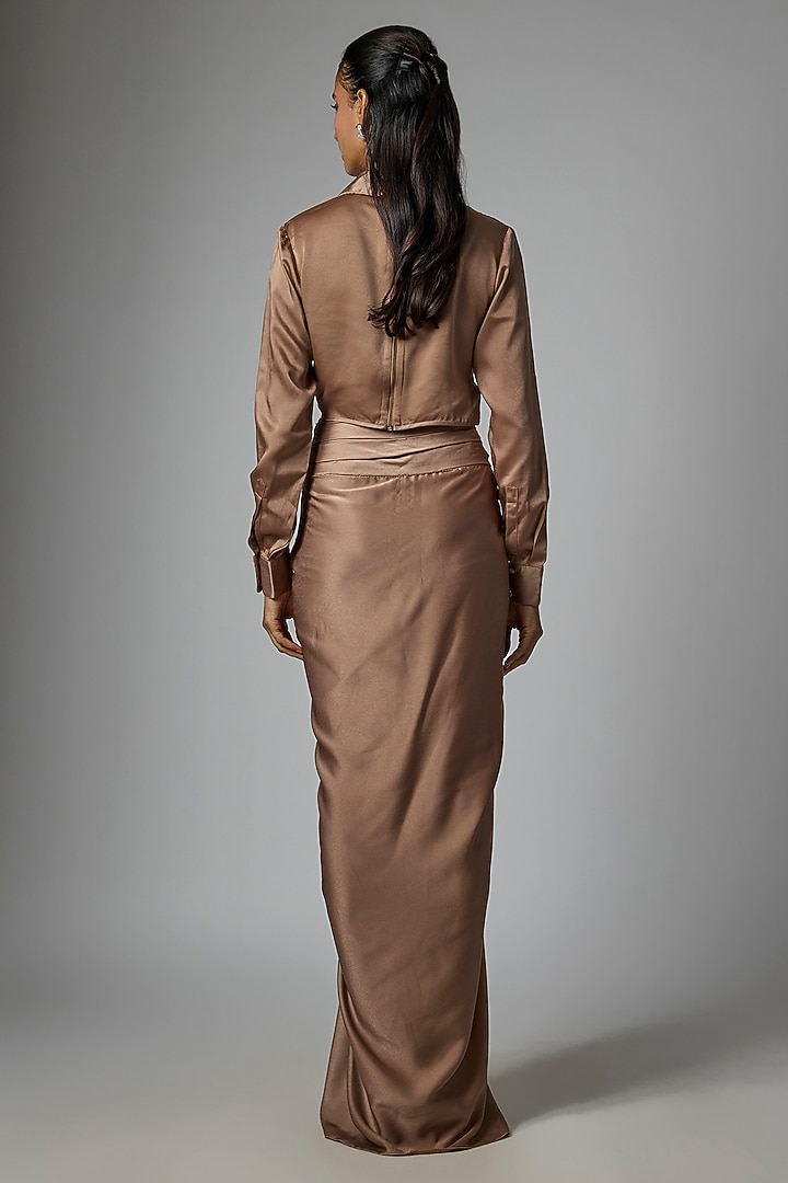 Mocha Satin Draped Skirt Set by Tarun Tahiliani at Pernia's Pop Up Shop