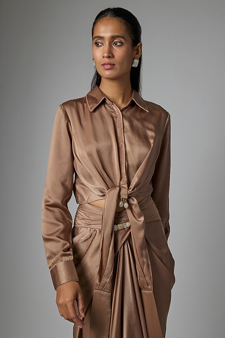 Mocha Satin Draped Skirt Set by Tarun Tahiliani at Pernia's Pop Up Shop