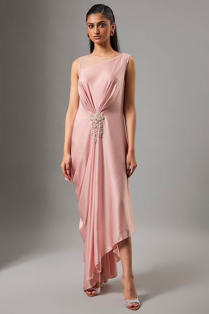 Pink Satin Hand Embroidered Draped Party Wear Dress by Tarun Tahiliani at Pernia's Pop Up Shop