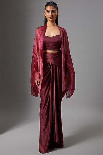 Wine Satin Skirt Set by Tarun Tahiliani
