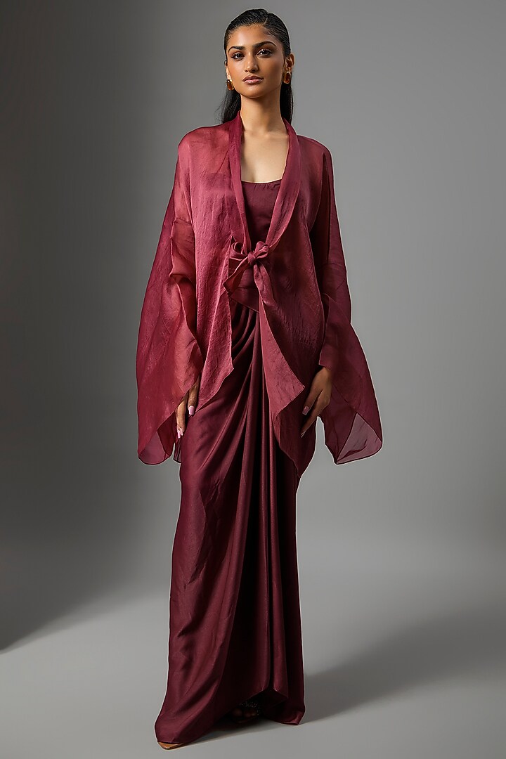Wine Satin Skirt Set by Tarun Tahiliani at Pernia's Pop Up Shop