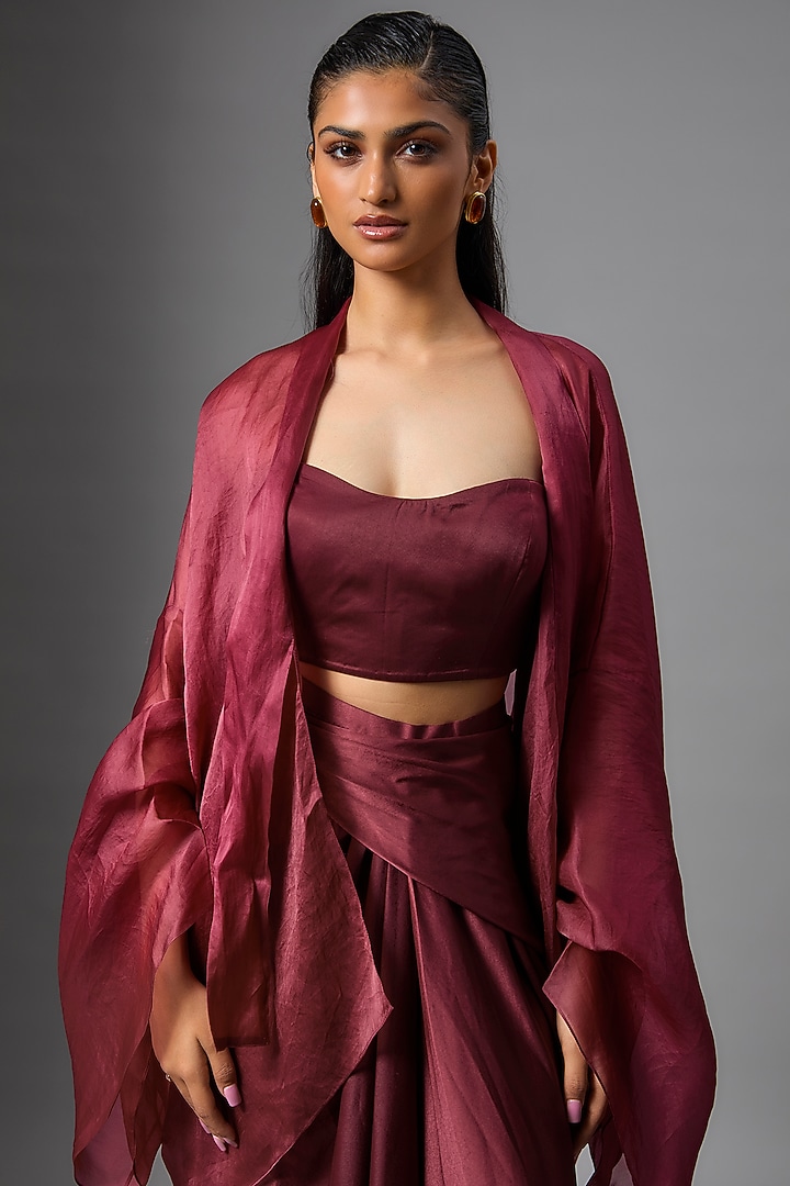 Wine Satin Skirt Set by Tarun Tahiliani at Pernia's Pop Up Shop