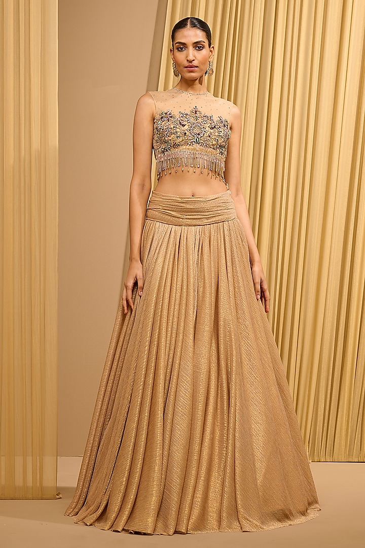 Gold Tulle Crystal Embellished Bridal Lehenga Set by Tarun Tahiliani at Pernia's Pop Up Shop