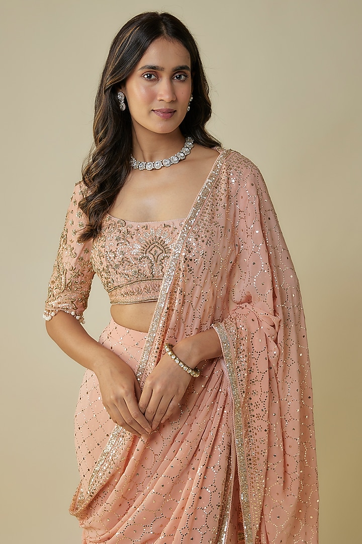 Rose Gold Silk Georgette Bridal Saree Set by Tarun Tahiliani at Pernia's Pop Up Shop