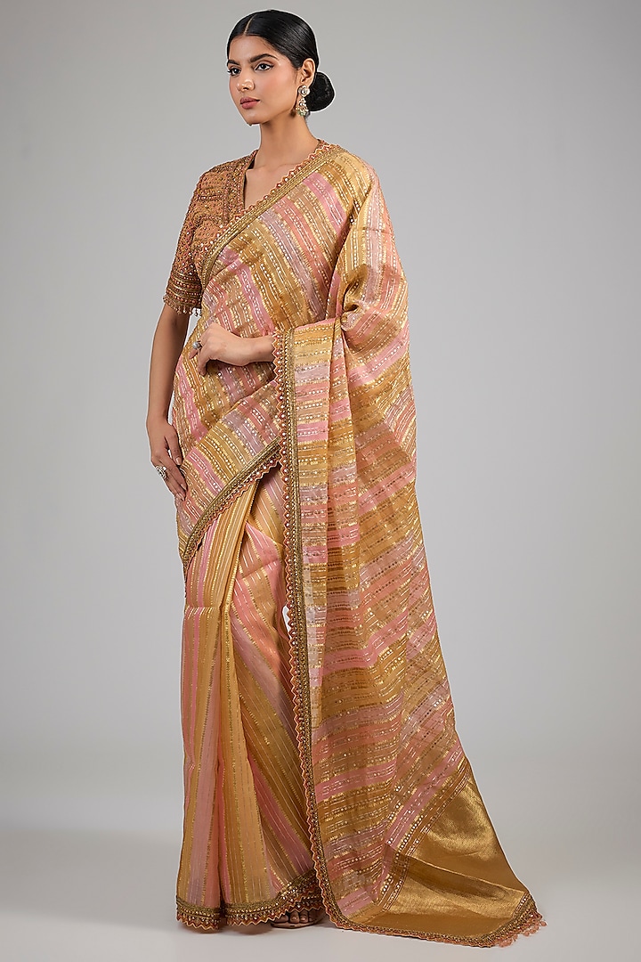 Multi-Colored Silk Hand Painted Reception Saree Set by Tarun Tahiliani at Pernia's Pop Up Shop