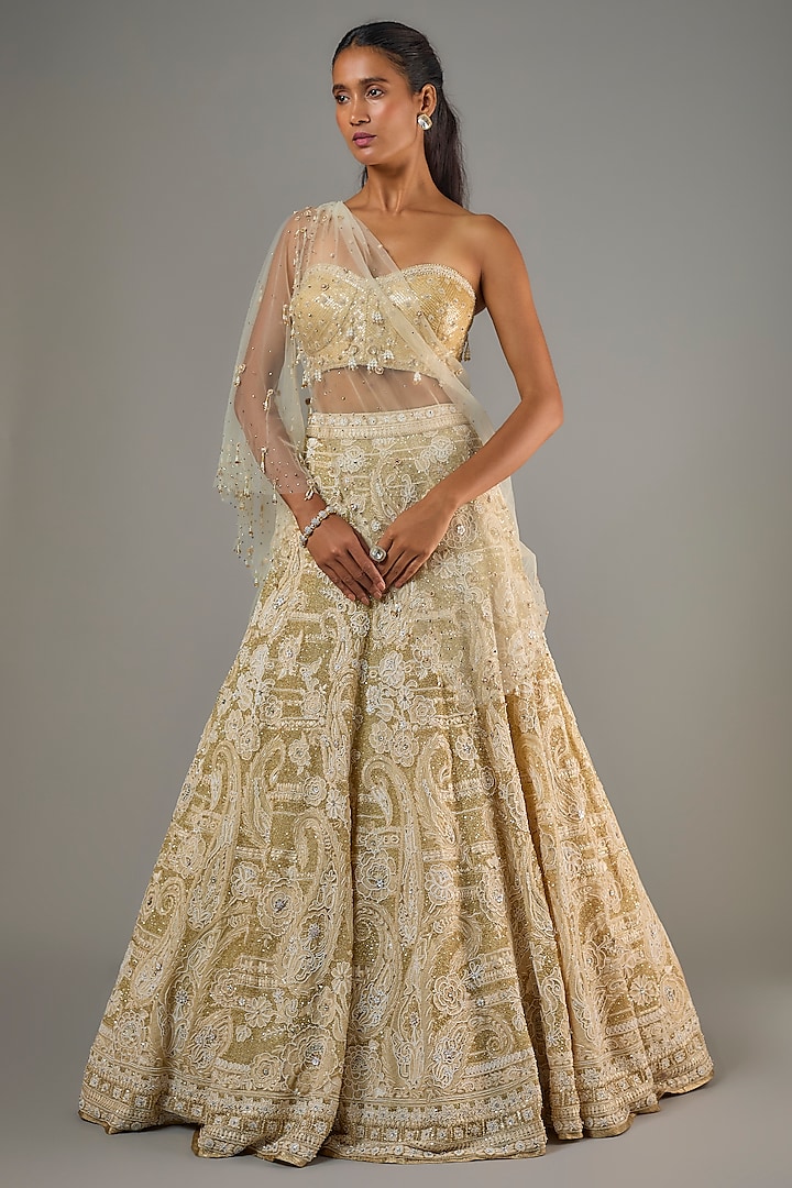 Ivory Tulle Crystal Hand Embroidered Bridal Lehenga Set by Tarun Tahiliani at Pernia's Pop Up Shop