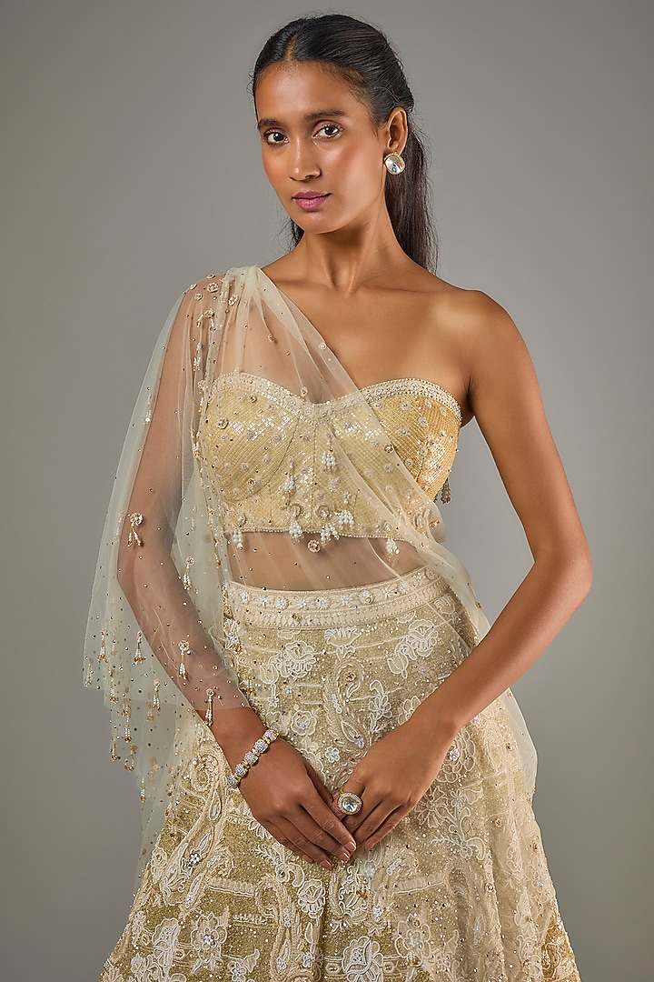Ivory Tulle Crystal Hand Embroidered Bridal Lehenga Set by Tarun Tahiliani at Pernia's Pop Up Shop