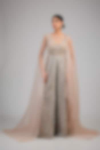 Oyster Indian Tulle Sequins Embellished Jumpsuit With Cape by Tarun Tahiliani at Pernia's Pop Up Shop