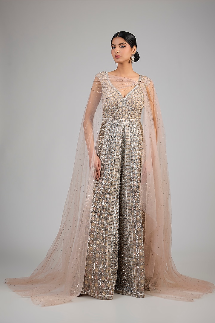 Oyster Indian Tulle Sequins Embellished Jumpsuit With Cape by Tarun Tahiliani at Pernia's Pop Up Shop